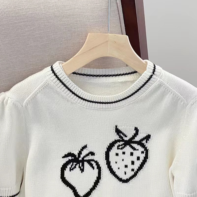 Áo Thun Dệt Kim Tay Ngắn In Hình Dâu Tây Thời Trang Mùa Hè Hàng Mới Dành Cho Bạn Nữ