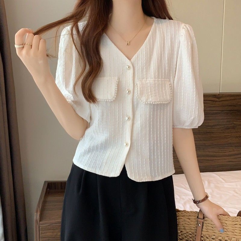 Áo Sơ Mi Ngắn Tay Cổ Chữ V Đính Ngọc Trai Thời Trang Mùa Hè Mới