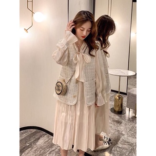 Set áo gile dạ tweed và váy sơ mi hàng QC