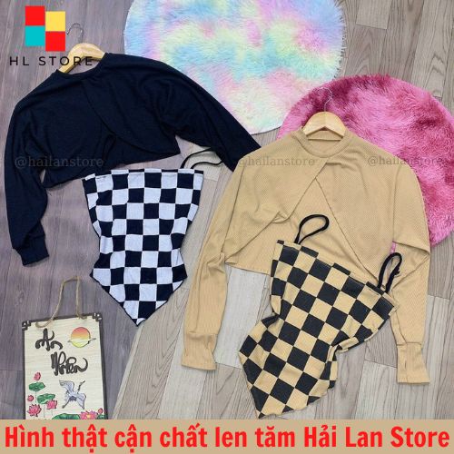 Set 2 áo gồm áo hai dây kẻ caro + áo khoác len tay dài màu trơn chất thun gân mỏng co giãn tốt phong cách Ulzzang