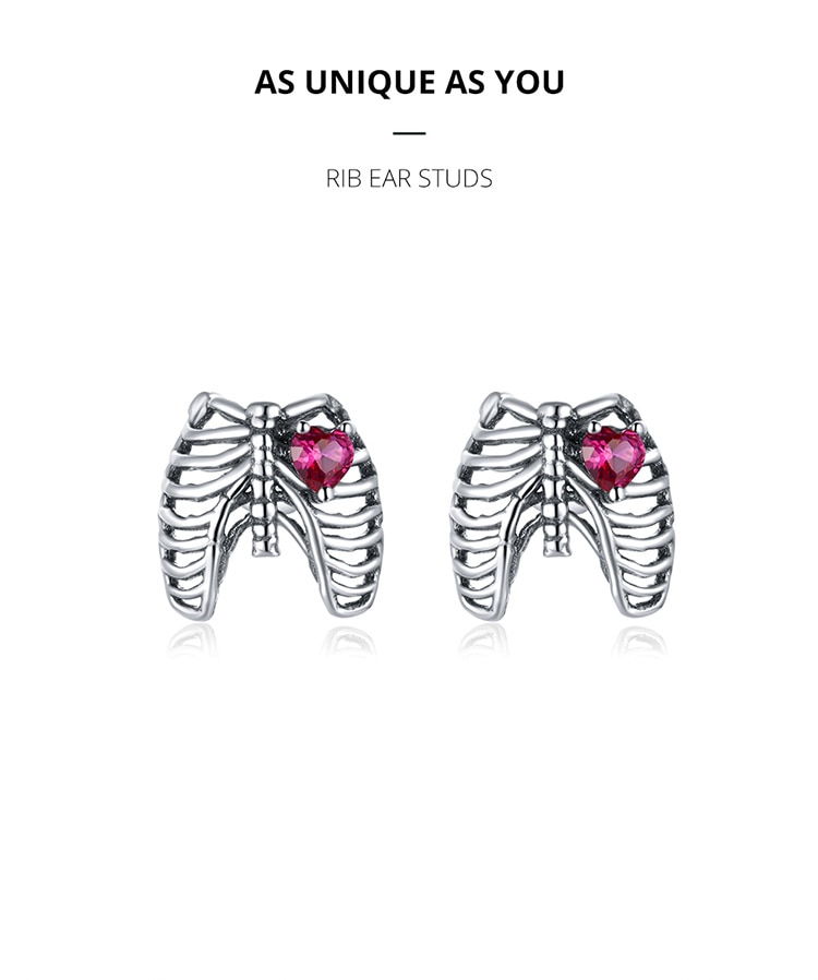 Khuyên tai bạc Bamoer SCE970 hình xương sườn đính đá trái tim phong cách Punk cho nữ