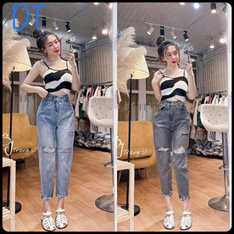 Quần jean nữ baggy rách giữa hai gối phong cách sexy DT