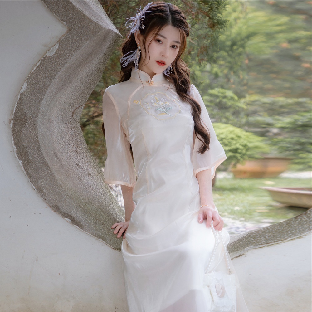 Đầm Sườn Xám Dáng Chữ A Tay Áo Trong Suốt Thêu Họa Tiết Thời Trang Mùa Hè Cho Nữ