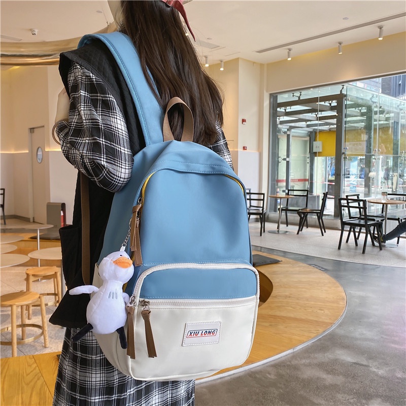 Ba lô đi học màu sắc tương phản phong cách Harajuku Hàn Quốc cho nữ