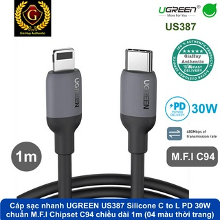 Cáp sạc nhanh ugreen us387 silicone c to l pd 30w chuẩn m.f.l chipset c94 chiều dài 1m