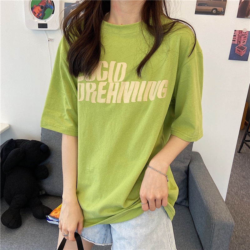 Áo Thun Nữ Ngắn Tay Cổ Tròn In Chữ Thời Trang