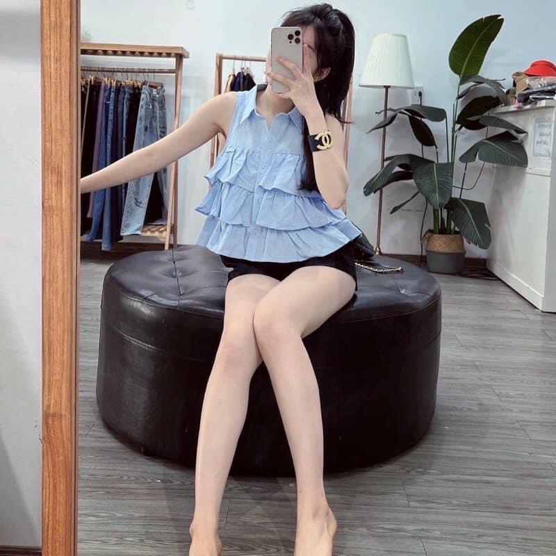 Áo sơ mi nữ sát nách bèo 3 tầng chất thô mềm- sơ mi babydoll cổ yếm màu trắng/xanh//nâu phong cách hàn quốc