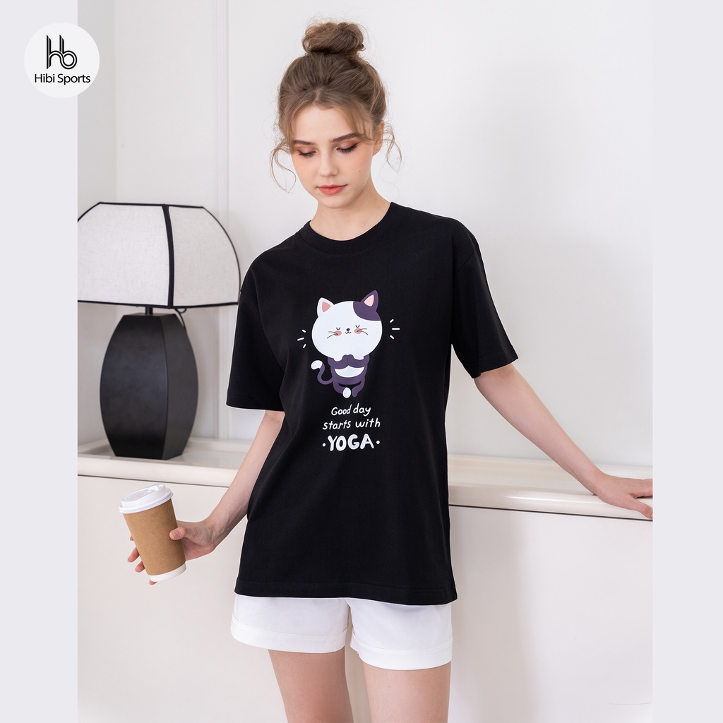 Áo thun tay lỡ Hibi Sports YOGA CAT ST005 kiểu phông unisex nam nữ, vải cotton Premium, form oversize
