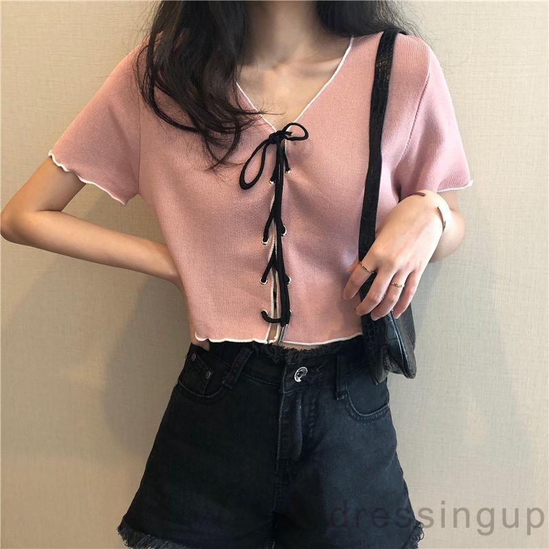 Áo Croptop Tay Ngắn Cổ Chữ V Thiết Kế Cột Dây Quyến Rũ Cho Nữ