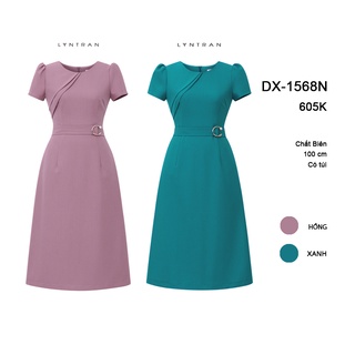 Váy xòe xếp ly chéo ngực Lyntran Đầm xòe cổ tròn DX-1568N ngắn tay đai eo khuyên đính ngọc