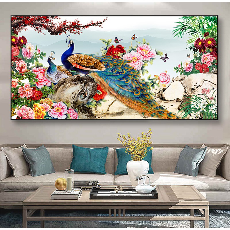 Tranh dán tường trang trí phòng ngủ Đôi Chim Công nhiều kích thước NewTM_0234K