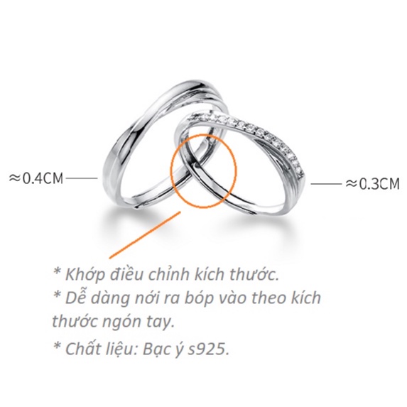 Nhẫn Đôi Bạc Đôi Nam Nữ ITALY S925 Đính Đá Màu Trắng Sáng Cao Cấp ND2517 Bảo Ngọc Jewelry