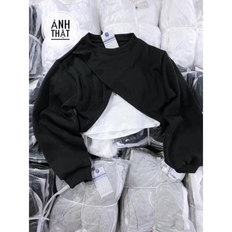 [ TẶNG KÈM BRA] Áo Croptop Tay Dài Form Rộng Nữ Ullzang, Set Áo Croptop 2 Món Đắp Chéo Unisex