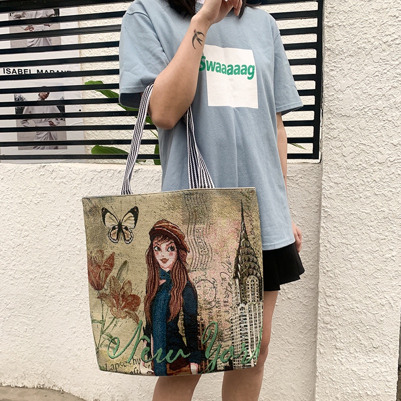 Túi Tote Vải Canvas To Nữ Xách Tay Có Khóa Kéo Họa Tiết Hoạt Hình Công Sở Đi Học Làm Chơi Đựng Máy Tính