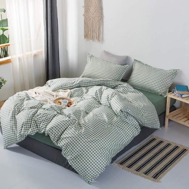 Trọn Bộ Drap giường Cotton Chần Bông Ô Vuông Nhỏ Xanh Ngọc New 1mx2m - m8x2m (HÌNH THẬT 100%)