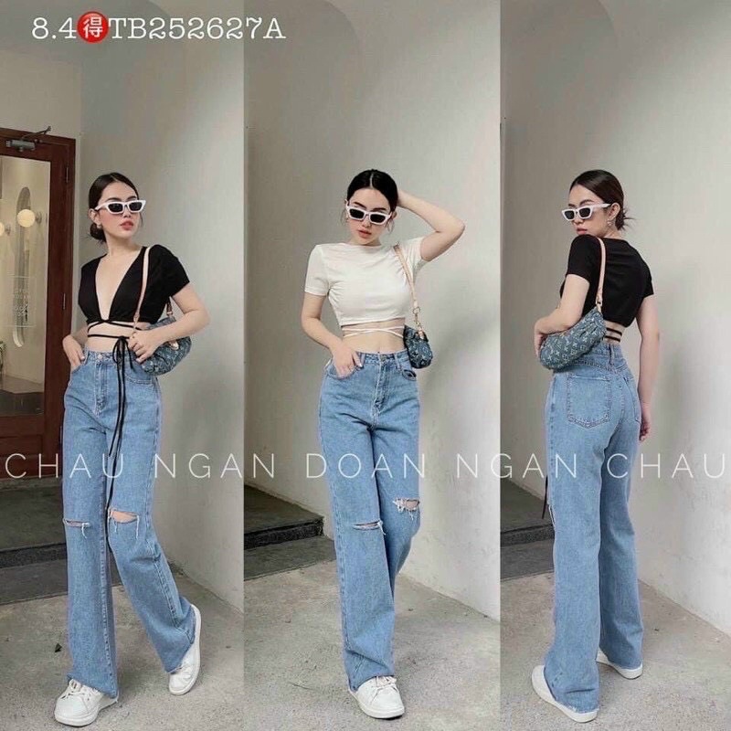 Quần Baggy Nữ Jean Rách Kiểu Phong Cách  Lưng Cao Ống Rộng Bigsize Size Đại Từ 40kg Đến 82kg Hàng VNXK