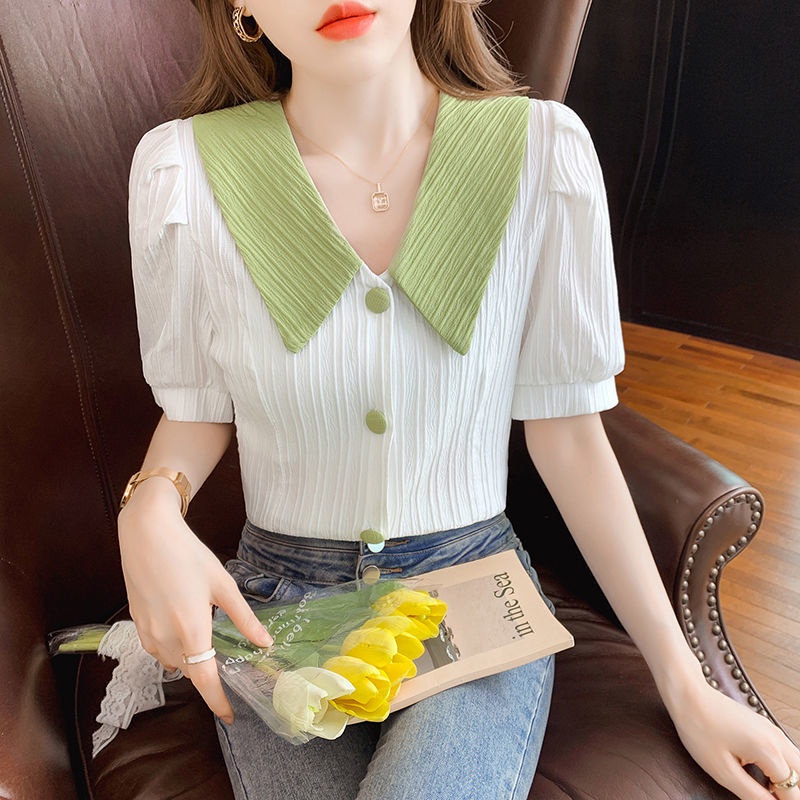 Mùa hè mới nhỏ tươi ngọt ngào búp bê cổ áo sơ mi ngắn tay áo sơ mi ngắn tay của phụ nữ