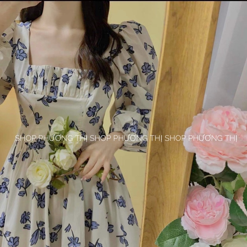 Váy hoa nhí cổ vuông tay bồng hoạ tiết bông hoa xanh ulzzang (hàng sẵn) | BigBuy360 - bigbuy360.vn