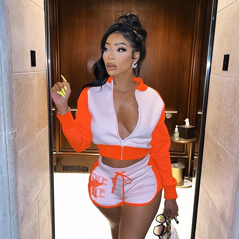 Set Áo Thun Tay Dài Khoá Kéo In Chữ + Quần Sọt Lưng Cao Phong Cách Thể Thao