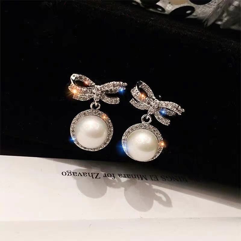 Bông Tai Mạ Bạc 925 Hình Nơ Đính Ngọc Trai Lớn Phong Cách Hàn Quốc