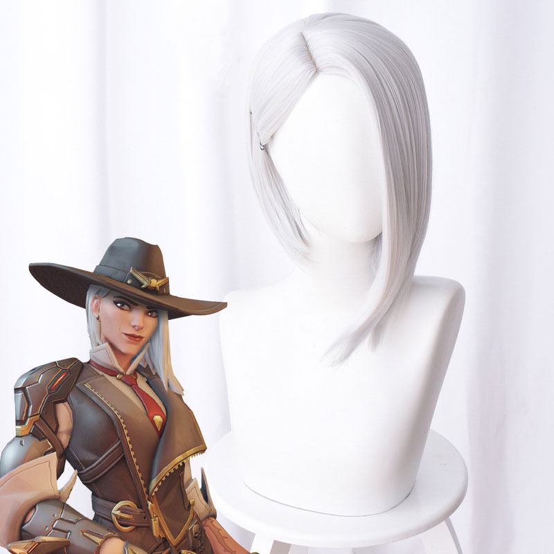 Overwatch Ash Ashe Silver White 3 7 Points Irregular Short Hair Cos Wig Anime Cosplay Game Perform Fluffy Female Hair Wig 35CM