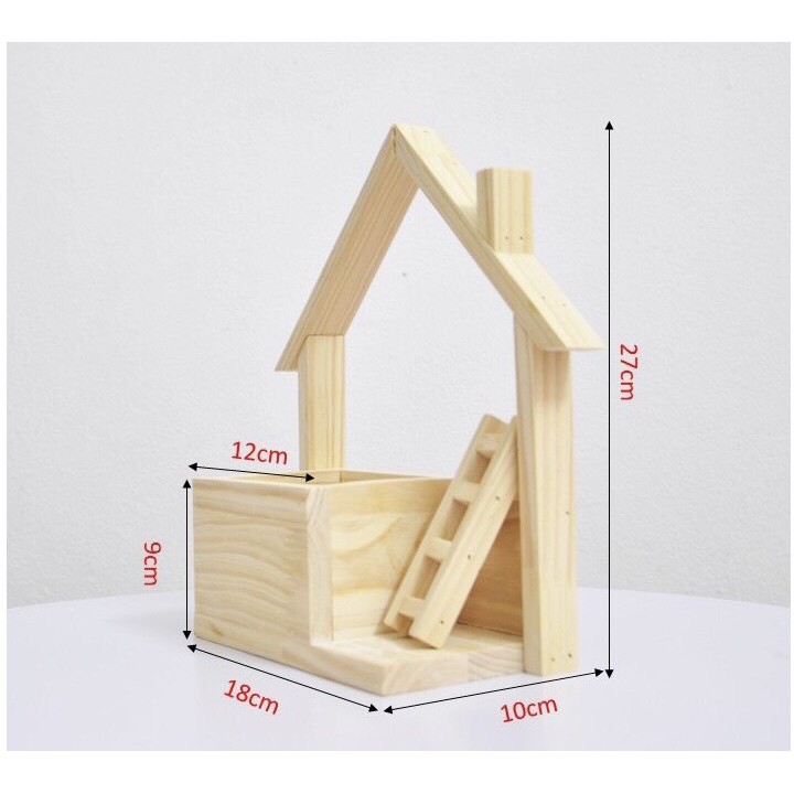 Kệ Gỗ treo tường cắm hoa hình mái nhà có cầu thang-Giỏ hoa gỗ TẶNG KÈM vít, nở nhựa