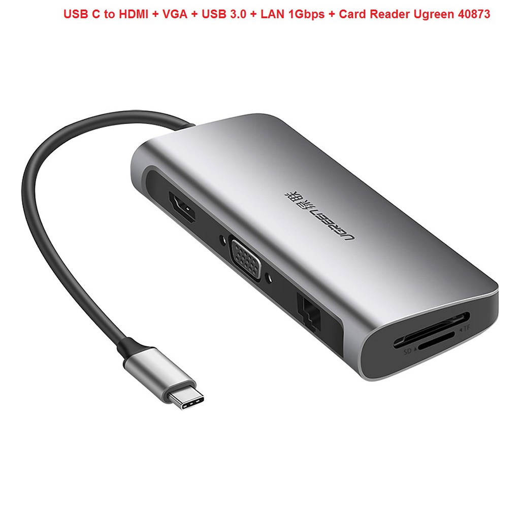 Bộ chuyển USB C to HDMI + VGA + USB 3.0 + LAN 1Gbps + Card Reader đa năng Ugreen 40873