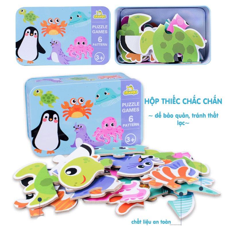 [6 in 1] BỘ XẾP HÌNH BẰNG GỖ HỘP THIẾC CHO BÉ