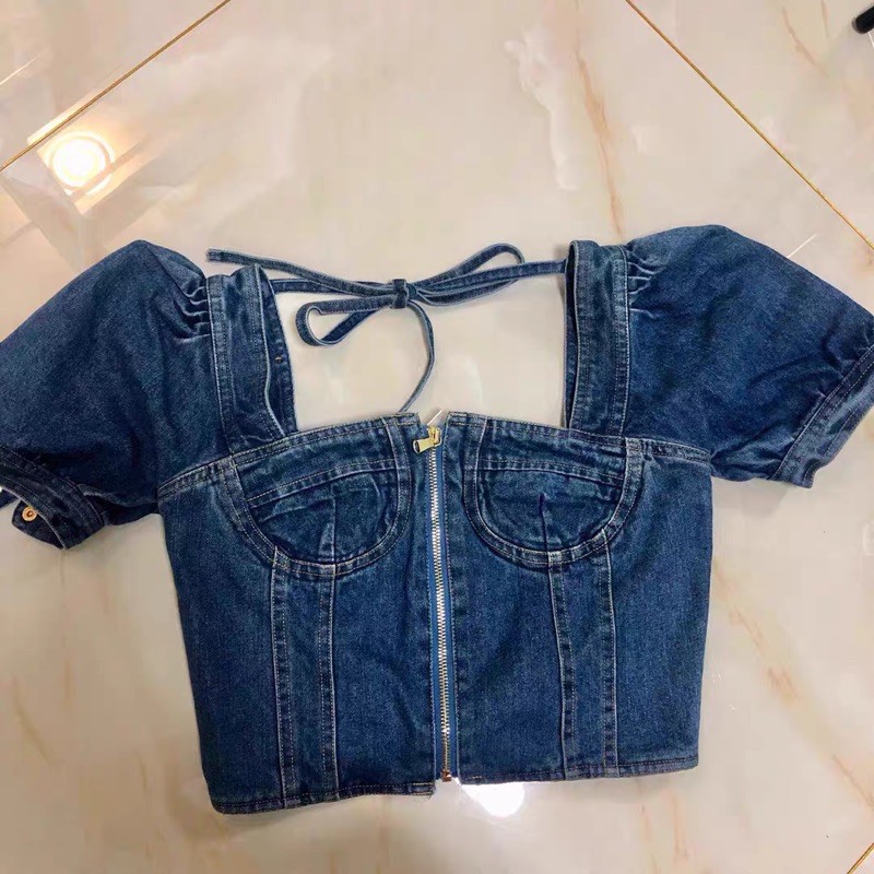 [Có ảnh thật] Áo croptop jeans +choker chất dày dặn phong cách ulzzang