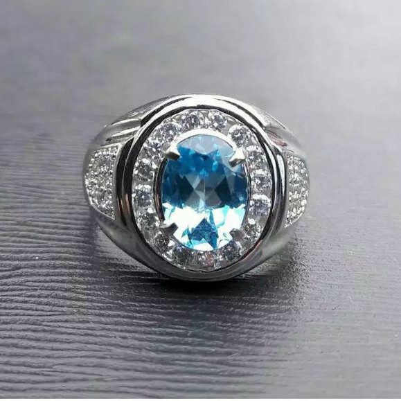 Nhẫn Đá TOPAZ Tự Nhiên Màu Xanh Dương Phong Cách Thụy Sĩ