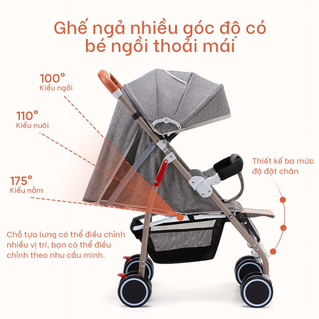 Xe đẩy gấp gọn cho bé Yoboo YB-0067 bánh xe có phanh, tựa lưng chống gù điều chỉnh nhiều góc độ - Hàng chính hãng