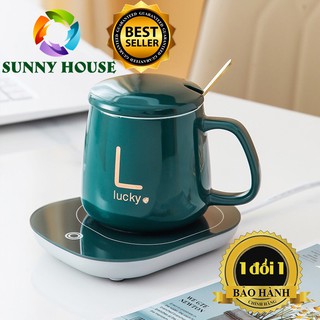 Bộ cốc sứ hâm nóng kèm đế điện, đế hâm nóng đồ uống CAO CẤP TẶNG THÌA MẠ VÀNG
