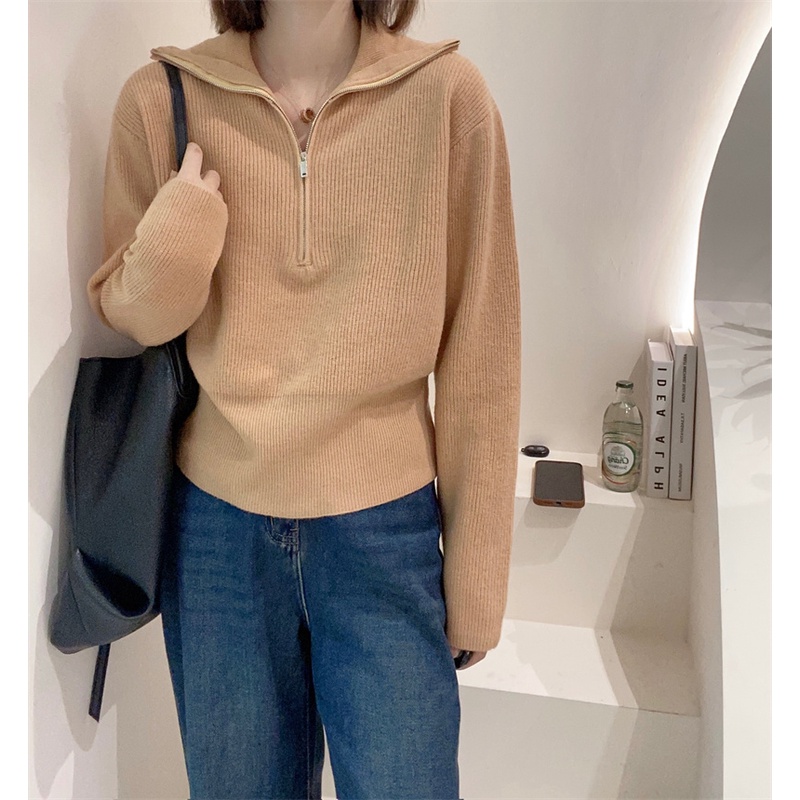 Áo dệt kim ZHELIHANGFEI tay dài dáng rộng phối khóa kéo phong cách Hàn Quốc dễ phối đồ