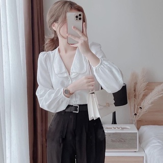 áo sơ mi nữ trắng vải lụa phối dây ngọc viền cổ, sơ mi nữ công sở dài tay nữ tính