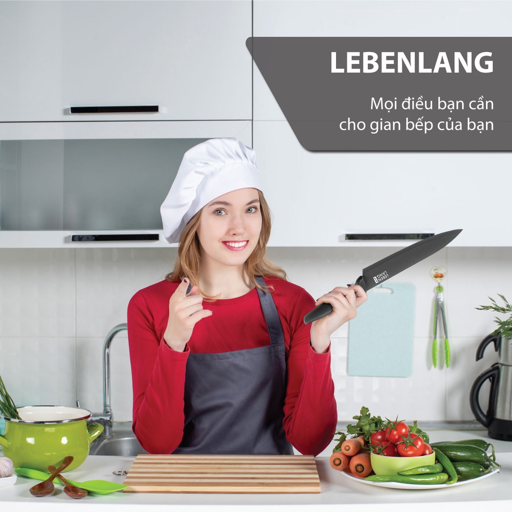 Bộ dao nhà bếp LEBENLANG LBKK0607 gồm 5 món, lưỡi dao chống dính, tay cầm chống trơn - hàng chính hãng