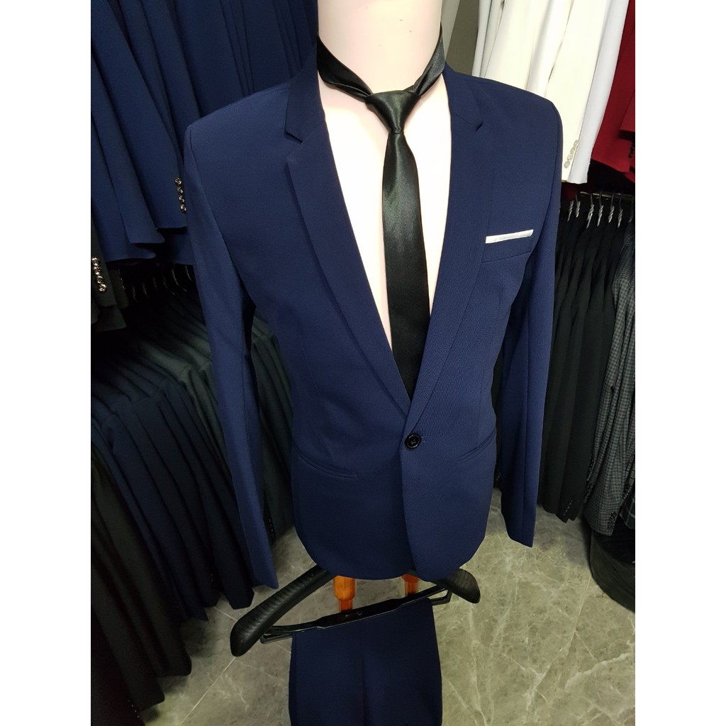 Bộ vest nam form ôm body màu xanh sáng (áo+quần+cà vạt+nơ)