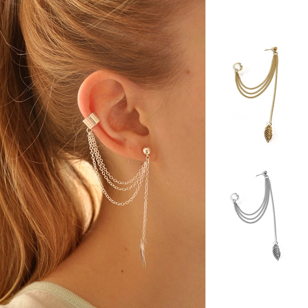 Bông tai Clip Clip mà không xuyên chuỗi lá bông tai Fringe hình học lá hợp kim