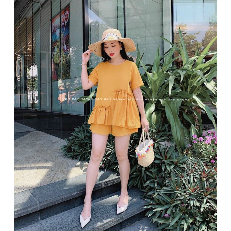 [HANNA] Đồ bộ bầu big size 80KG vải cotton cao cấp thoáng mát mùa mè không nhăn quần đùi có thun điều chỉnh bụng
