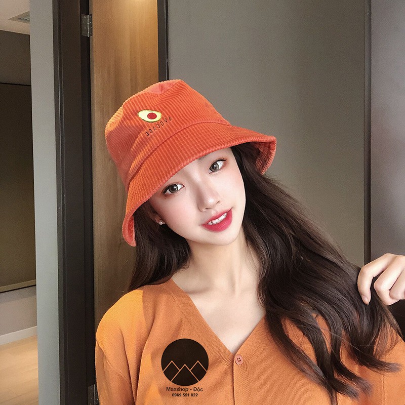 Mũ, nón bucket Ulzzang thêu hình quả bơ phủ nhung gân dày dặn cao cấp