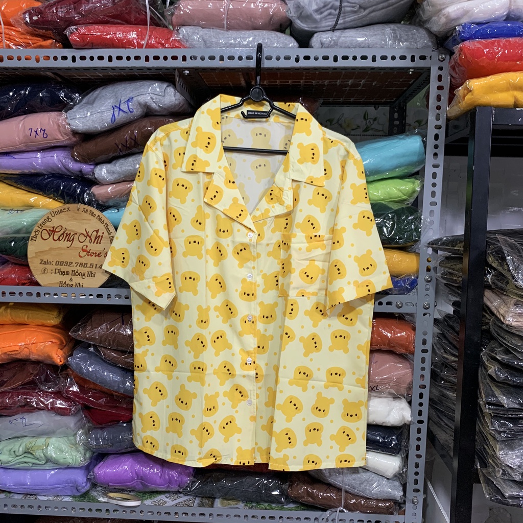 Áo Sơ Mi Họa Tiết Gấu Vàng Tay Lỡ Dáng Rộng Ulzzang Unisex, Sơ Mi Đi Biển - MM