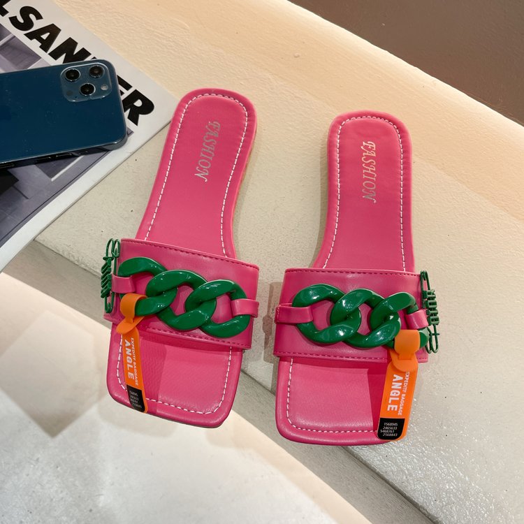 Ulzzang Fashion Square Chain Flat Sandals Outwear Slipper