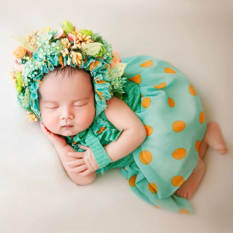 Mũ trùm đầu đính hoa phụ kiện chụp hình cho bé