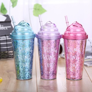 Glitters Pattern Double Layer Plastic Straw Bottle Innovative Gift Ice Cream Straw Bottle