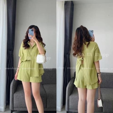 Bộ áo sơ mi dây buộc lưng quần sooc đũi, set sơ mi tay ngăn form thụng chất đũi mát hai màu xanh trắng Vocanlus Boutique