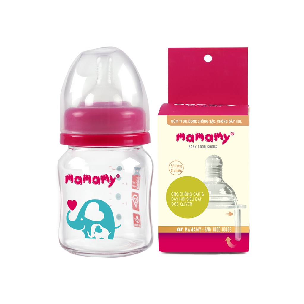 Bình sữa giữ nhiệt thủy tinh Mamamy, bình sữa cho bé sơ sinh 120ml - Combo 1 bình + 1 Hộp núm ti / núm bình sữa