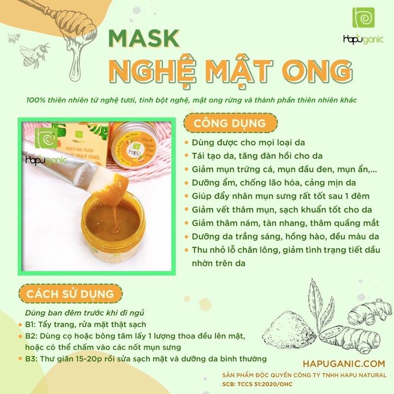 Hũ Mặt Nạ Nghệ Tươi Mật Ong Thiên Nhiên HaPu Organic Đắp Mặt Ngừa Mụn Mờ Thâm Trắng Da 50Gr