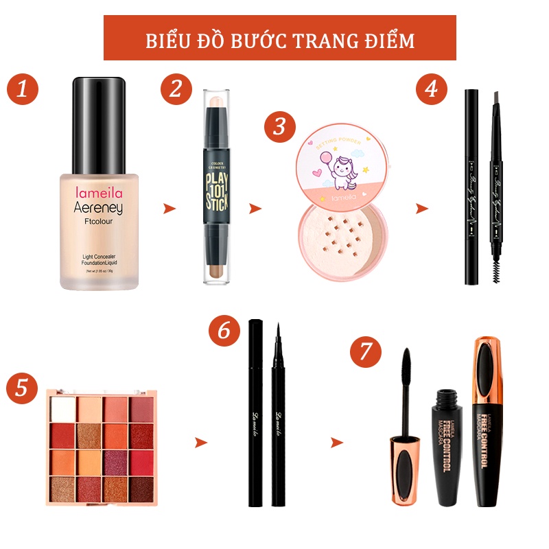 Bộ trang điểm đầy đủ LAMEILA 7 món makeup đầm nữ xinh Kem BB, Phấn phủ, Phấn mắt, Mascara, Kẻ mày, Kẻ mắt nước-TUZ-LMLT7