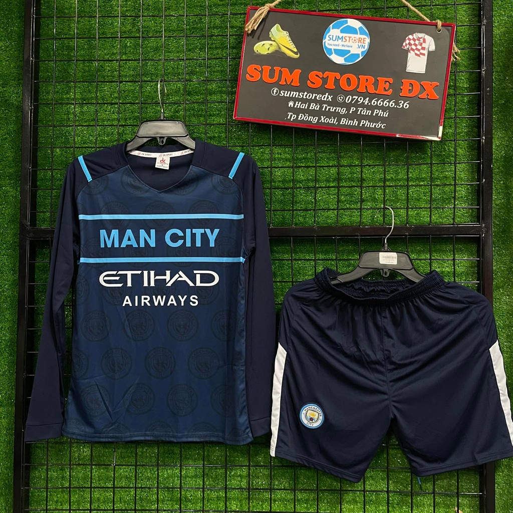 Quần Áo Đá Bóng Dài Tay Man City Xanh Đen _Mẫu Áo Đấu Hot, Giá Tốt 2021-2022