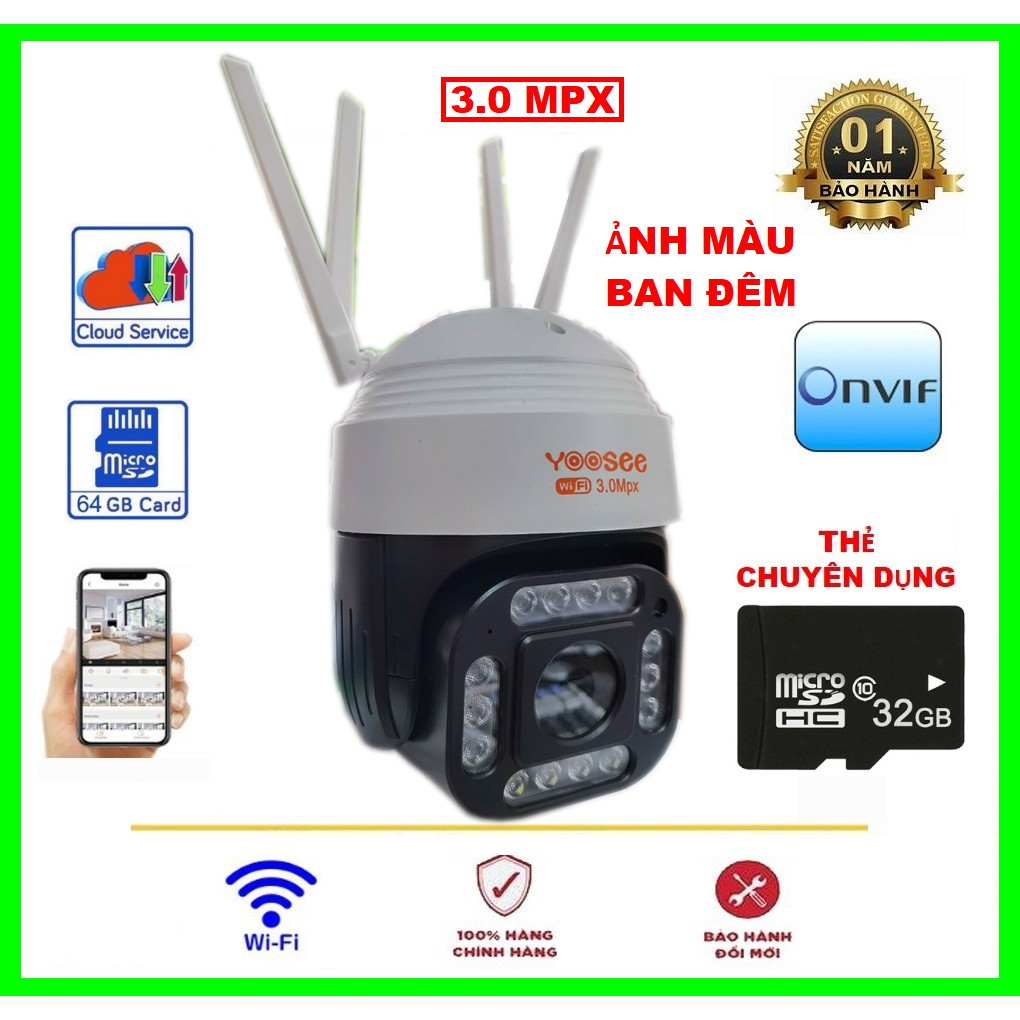 Camera ngoài trời Yoosee PTZ 14Led 3.0Mpx xoay 360 - Ban đêm ảnh màu - Bảo hành 12 tháng - Hỗ trợ thẻ nhớ lưu trữ