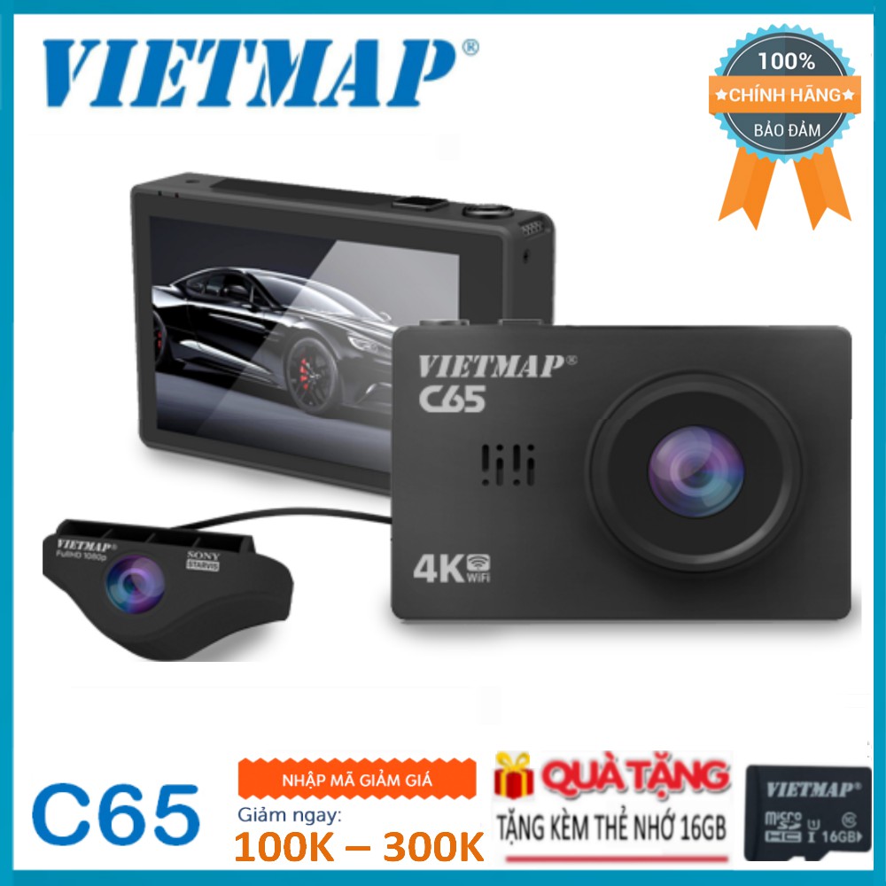Camera hành trìnhT4, Vietmap C65 (Ghi hình trước sau+Cảnh báo giao thông bằng giọng nói+Wifi +Thẻ nhớ 16gb)